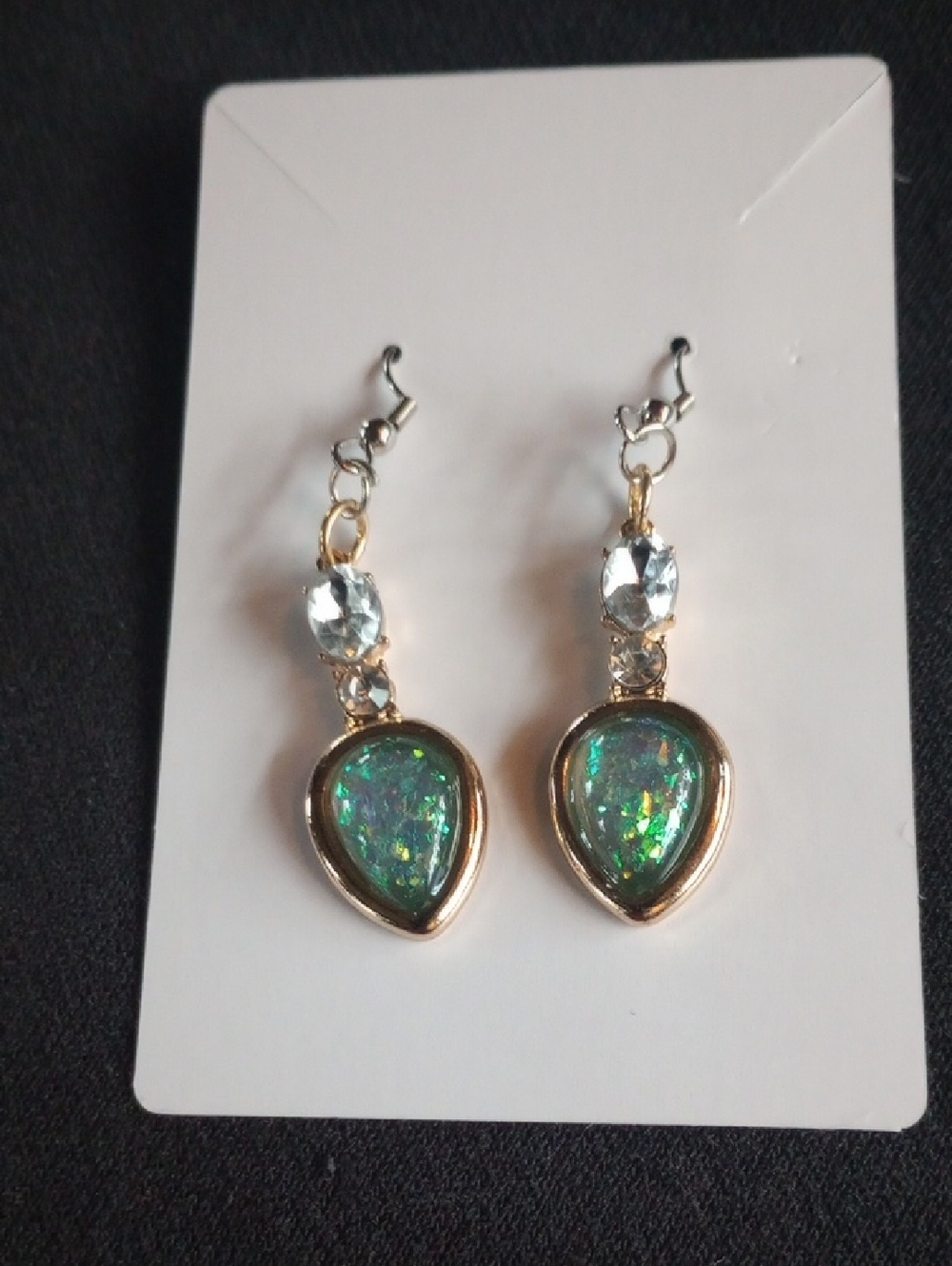 Hand Crafted Gold Teardrop Earrings with Green and Blue Iridescent Stones